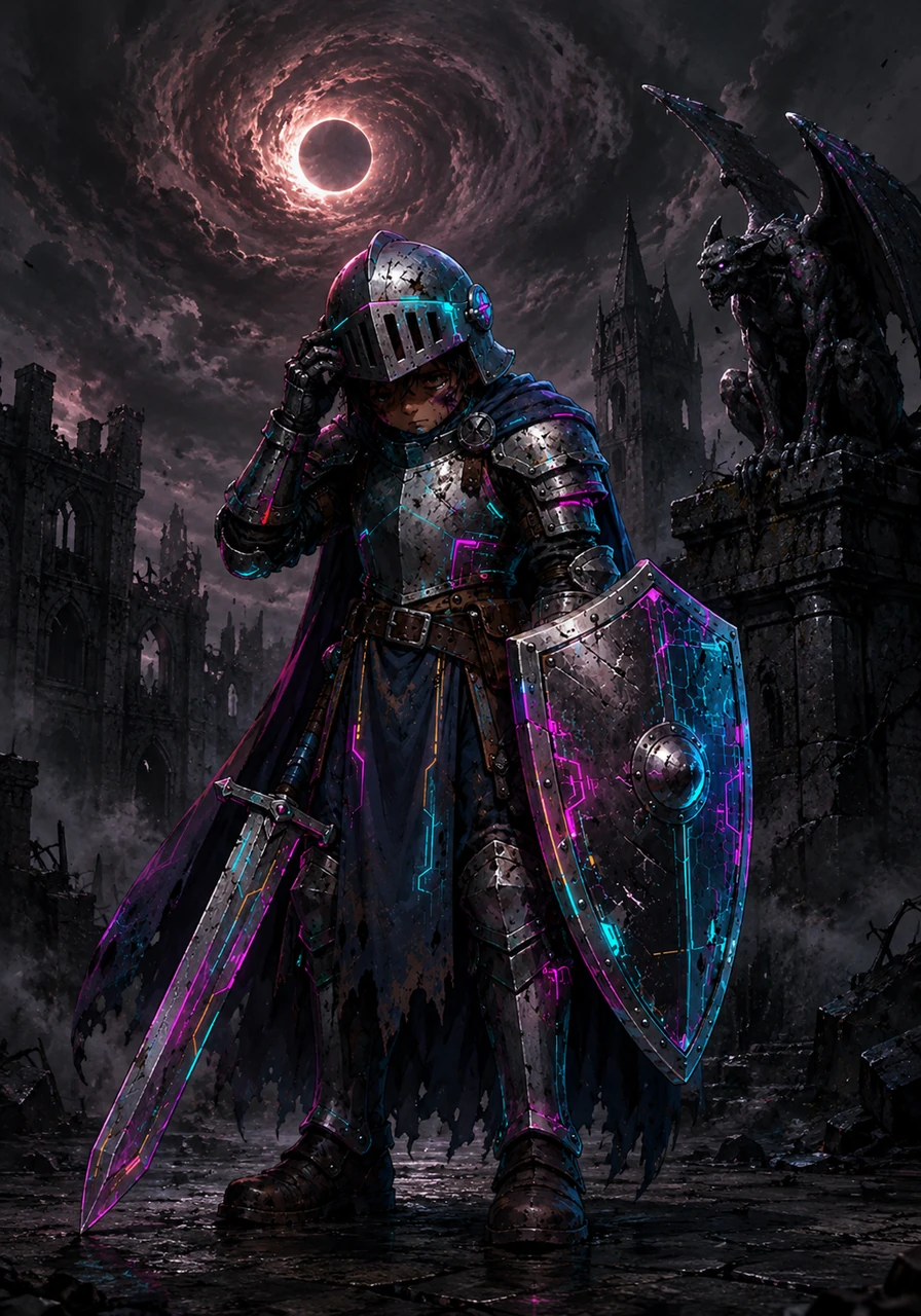 Sir Alistair adjusted his heavy iron helmet, his boots crunching on the cold stone of the desolate, ruined castle courtyard. The sky above was a swirling vortex of ash and eclipsed sunlight, heavy with the weight of an ancient curse.