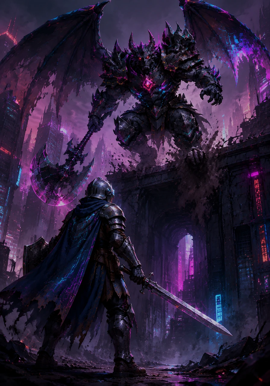A low rumble shook the ground as a towering gargoyle clad in jagged, black armor descended from the parapet, its eyes glowing with a malicious crimson fire. Alistair drew his broadsword, the blade catching the dim, fading light of the dying world.