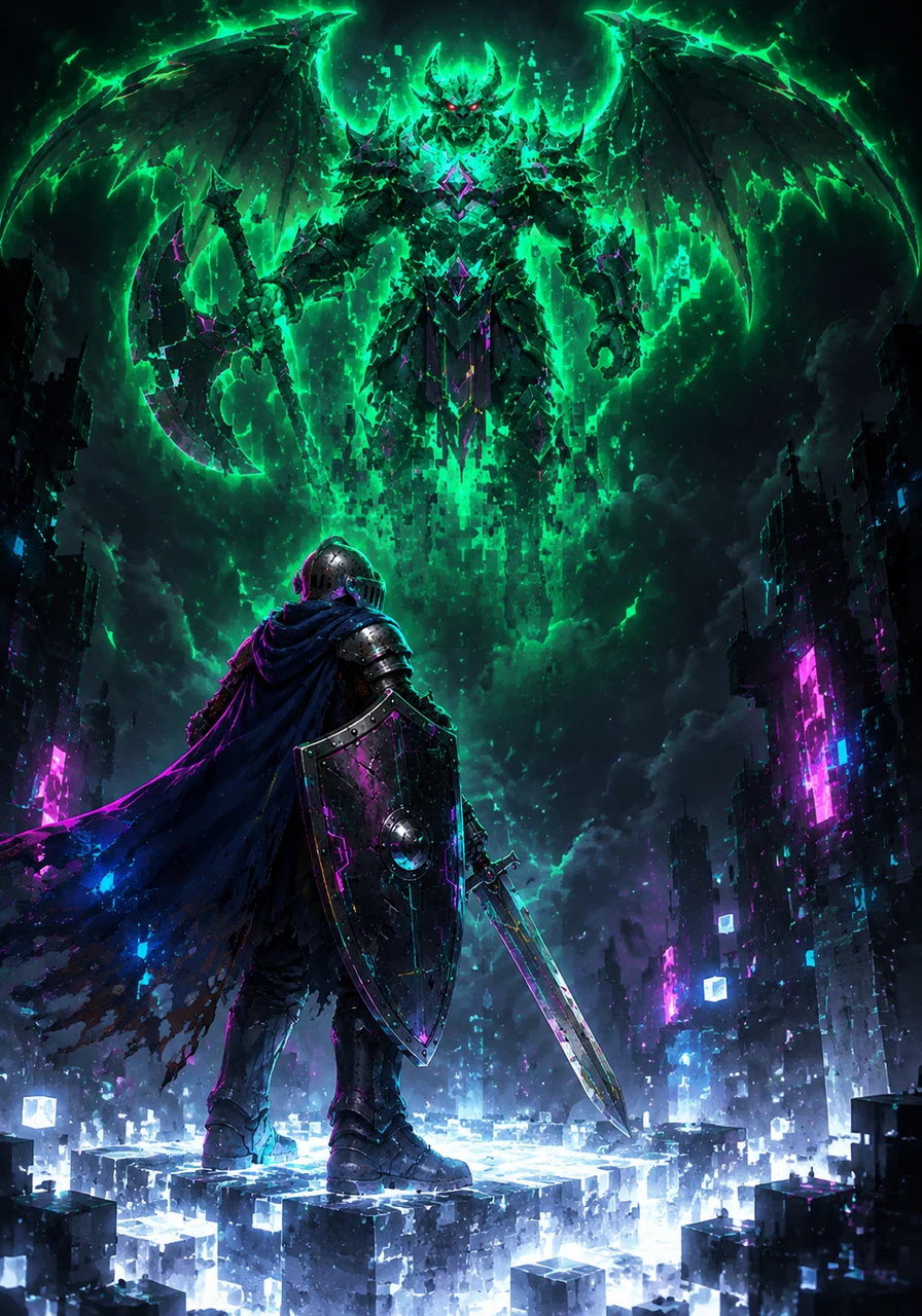 Suddenly, the sky violently flickered with a static, neon green glow, and the roaring gargoyle froze mid-air like a statue. The stone ground beneath Alistair turned into floating, blocky grids of white light, defying all laws of magic.