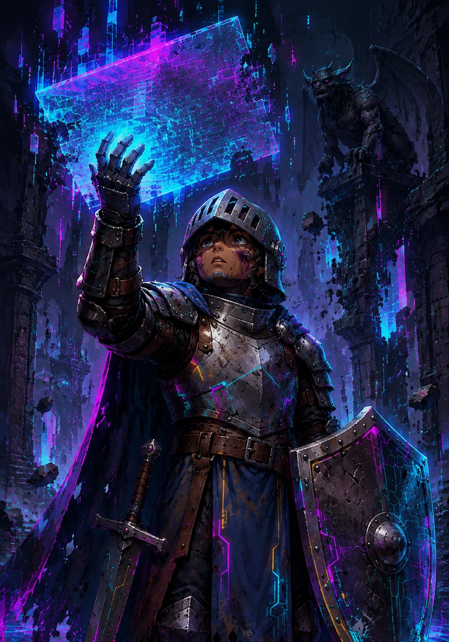 Alistair reached up with a gauntleted hand, utterly confused as his fingers passed right through the hovering, glitching words. The ancient world around him began to dissolve into floating lines of code and shattered textures.