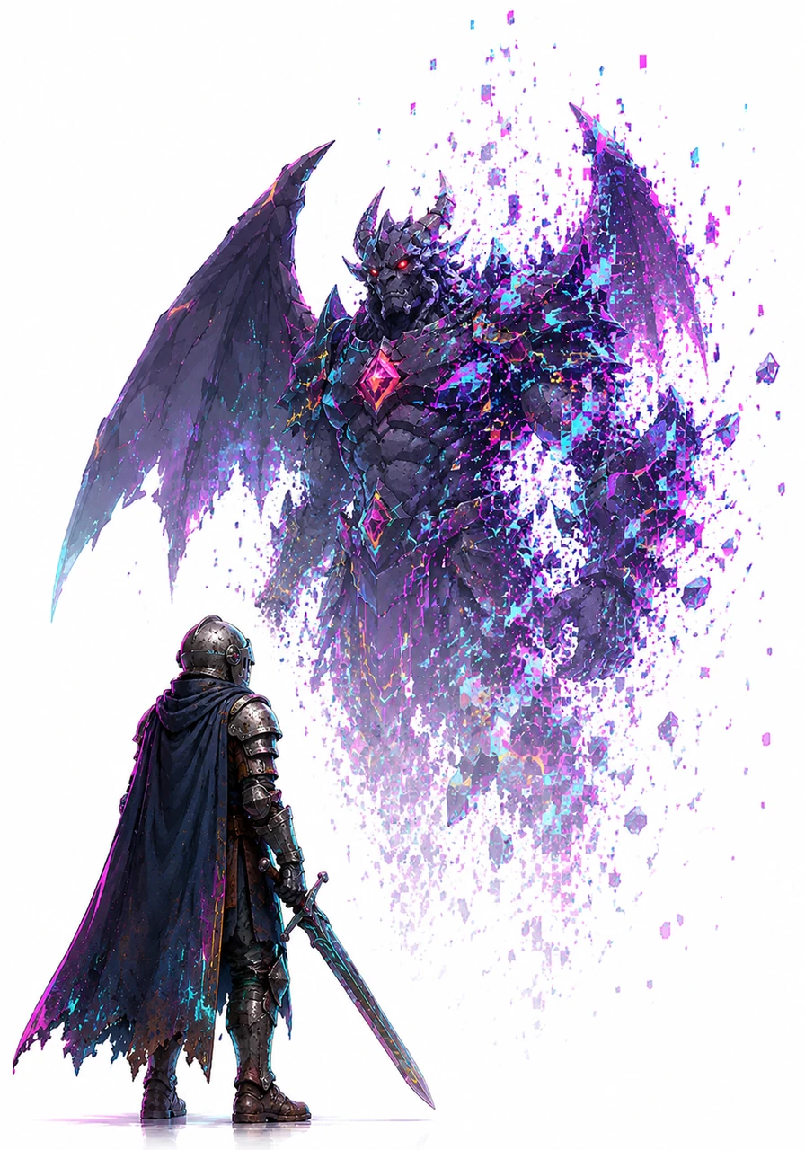 The gargoyle shattered into a million colorful pixels, drifting upward into a void of pure, stark whiteness that swallowed the castle walls. Alistair found himself standing alone in an empty, infinite digital expanse, his sword still resting in his hand.