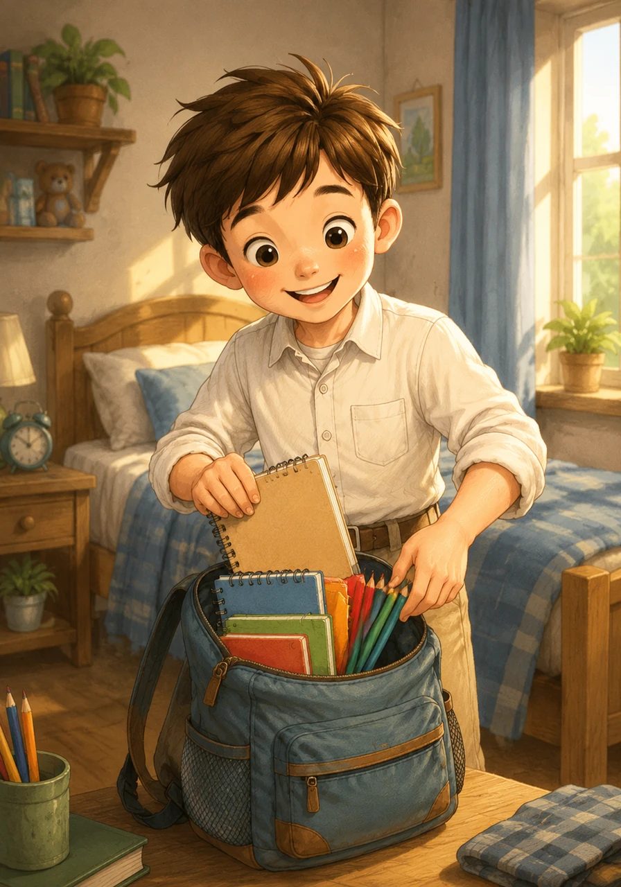 Leo wakes up with the sun, jumping out of bed with a big smile on his face. He neatly packs his backpack with his sharp pencils and favorite notebooks, ready for another wonderful day at school.