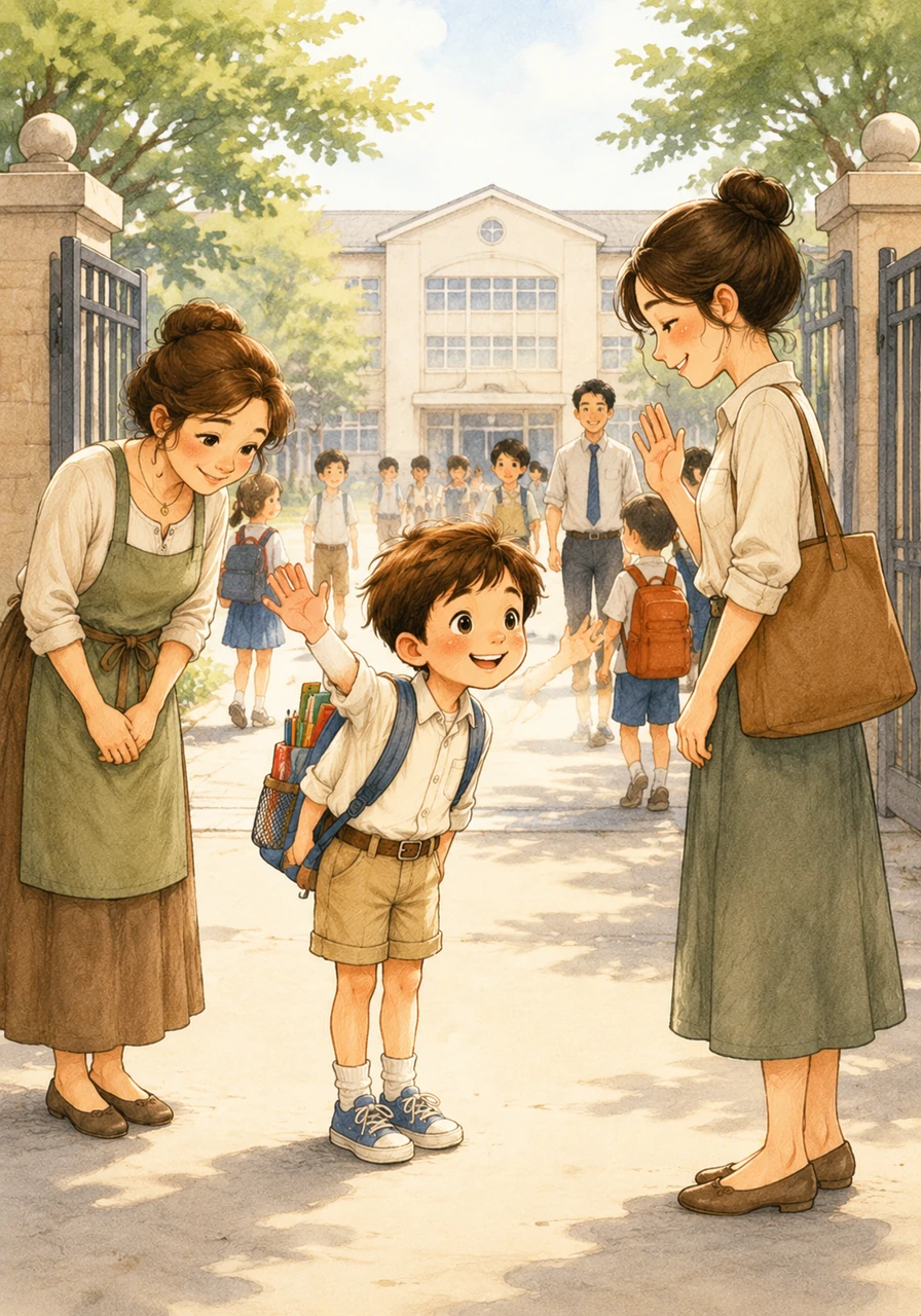 At the school gates, Leo cheerfully waves goodbye to his mom and greets the principal with a polite bow. His bright energy brings a smile to everyone walking through the morning courtyard.
