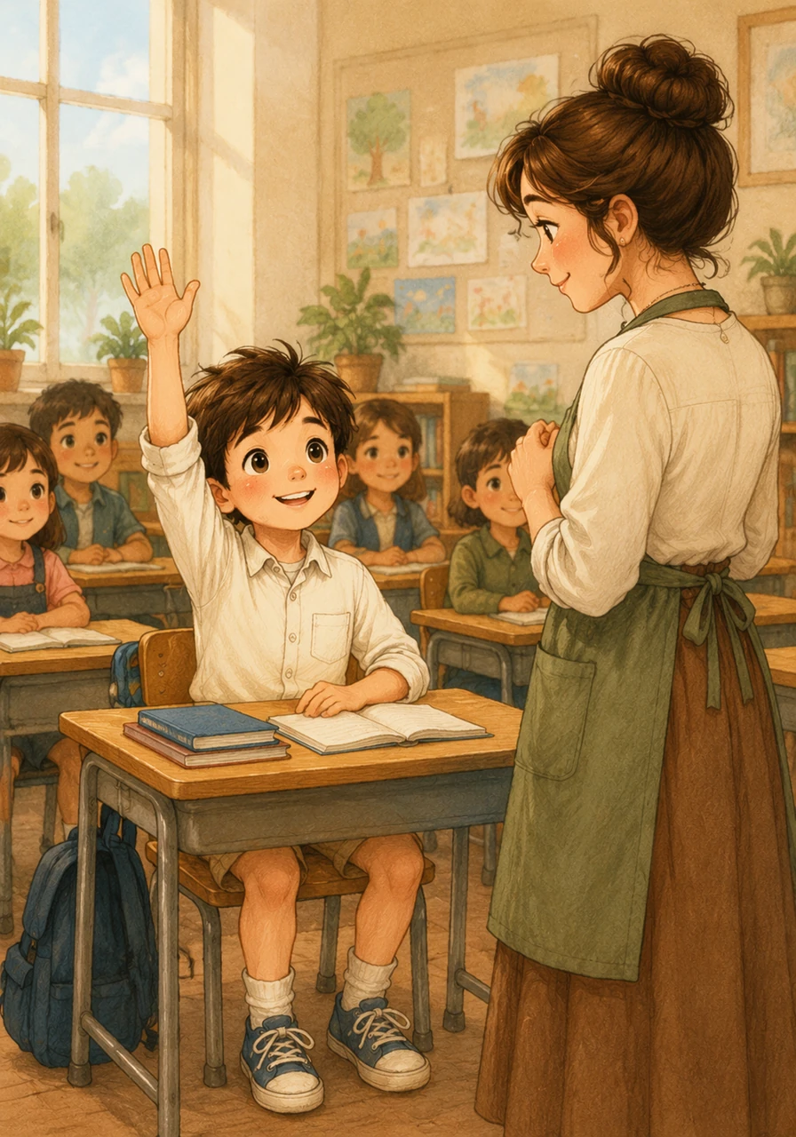 When the teacher asks a difficult question, Leo patiently raises his hand instead of shouting out. He answers clearly and confidently, earning a warm nod of approval from his teacher.