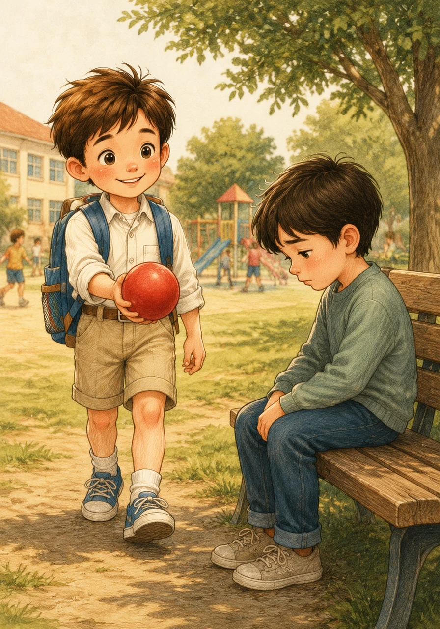 At recess, Leo notices a classmate sitting alone on the bench looking sad. He walks over with a friendly smile and invites them to play catch with his bright red ball.