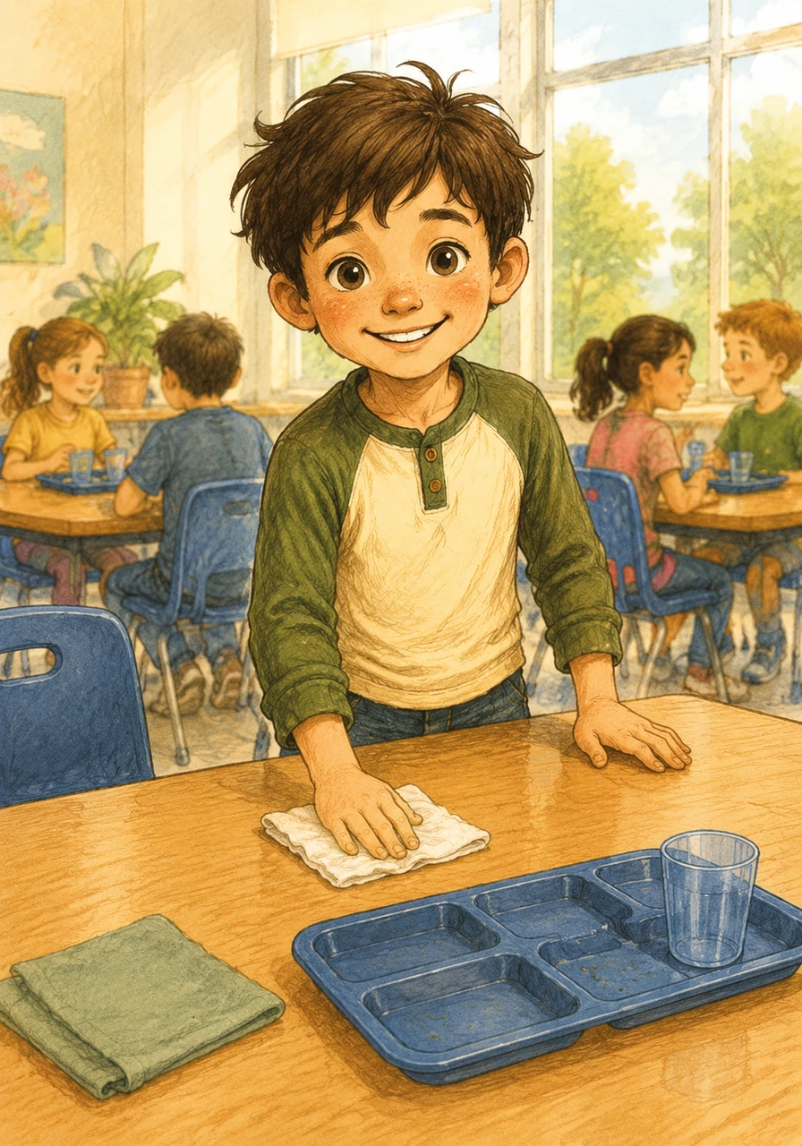 During lunchtime, Leo neatly spreads his napkin and eats all his vegetables without making a mess. Afterward, he carefully cleans up his tray and helps wipe down the table for his friends.