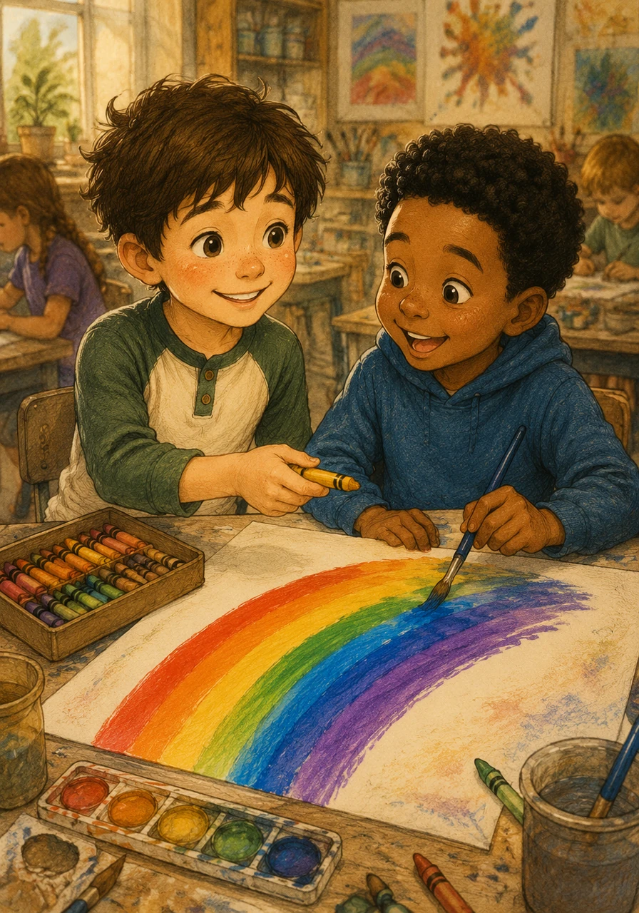 In art class, Leo happily shares his box of colorful crayons with a neighbor who forgot theirs. Together, they laugh and paint a beautiful rainbow on a large sheet of paper.