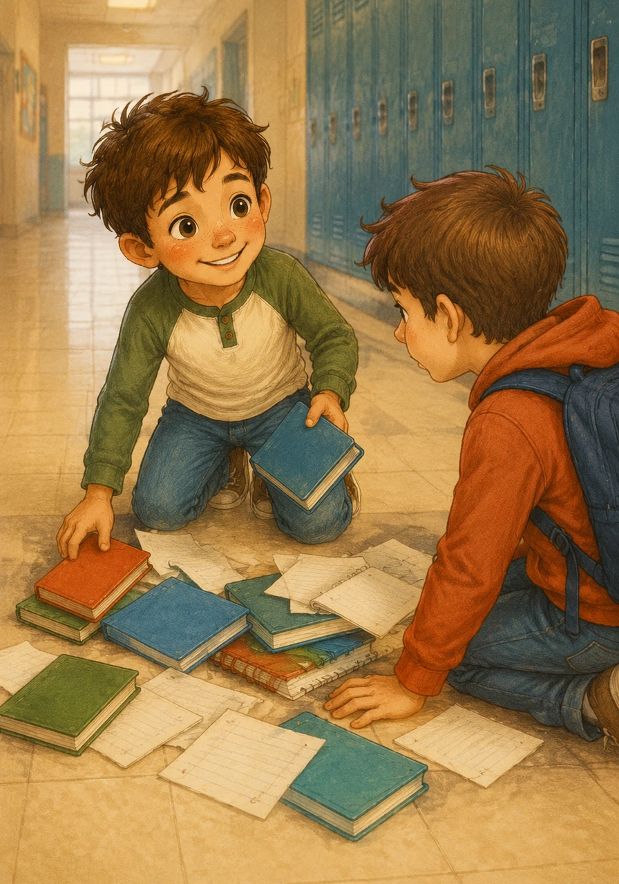 When a classmate accidentally drops their heavy stack of books in the hallway, Leo quickly kneels down to help. He gathers the fallen papers and offers an encouraging word with a smile.