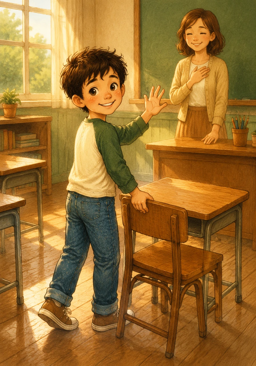 As the final bell rings, Leo neatly stacks his chair and ensures his desk is perfectly clean. He says a polite goodbye to his teacher, thanking her for the wonderful lessons today.