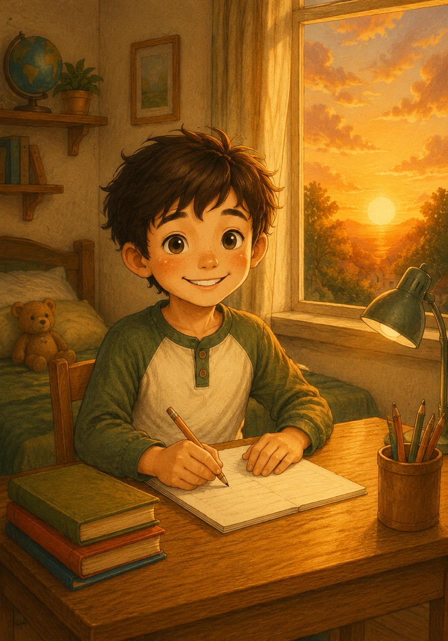Back at home, Leo happily completes his homework at his desk before dinnertime. He looks out the window at the setting sun, feeling proud of a great day spent learning and helping others.