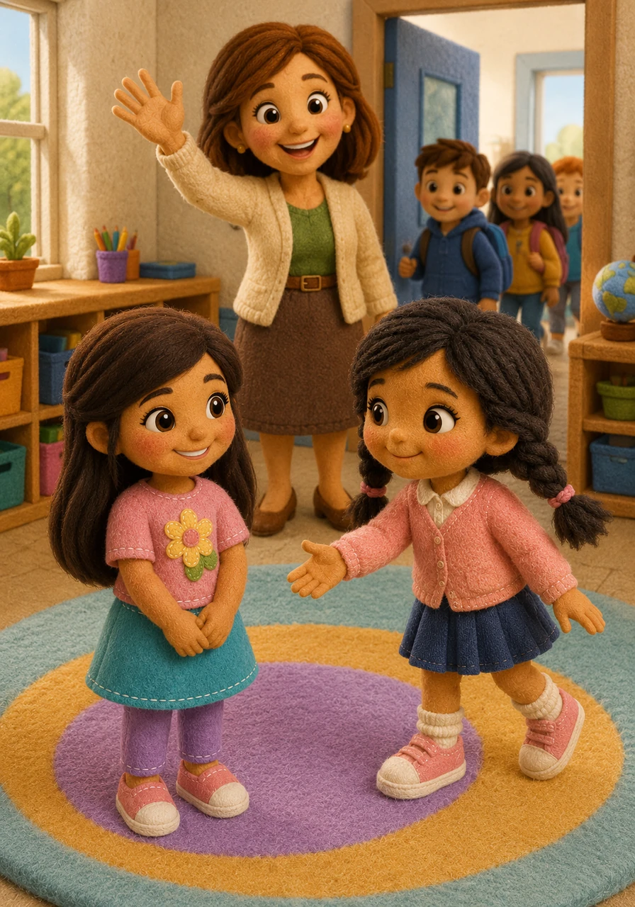In Mrs. Broyles’ classroom, a six-year-old girl named Lilyama is waiting patiently. Mrs. Broyles has brown hair and welcomes the older students with a big wave. Gabriella walks over to Lilyama and gives her a friendly smile.