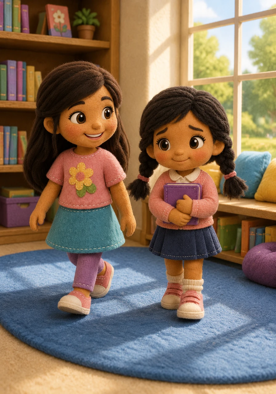 Gabriella and Lilyama walk together to the school library to find a quiet place to sit. They find a soft blue rug near a big window where the sun shines through. Lilyama holds a small book tightly in her hands and looks a little bit shy.
