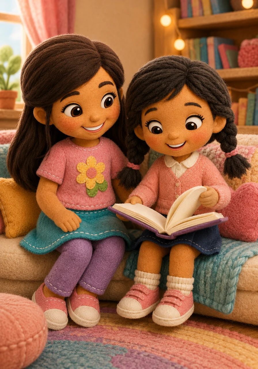Gabriella sits down next to Lilyama and introduces herself with a warm voice. She tells Lilyama that reading is like going on a secret adventure. Lilyama starts to smile and opens her book to the very first page.