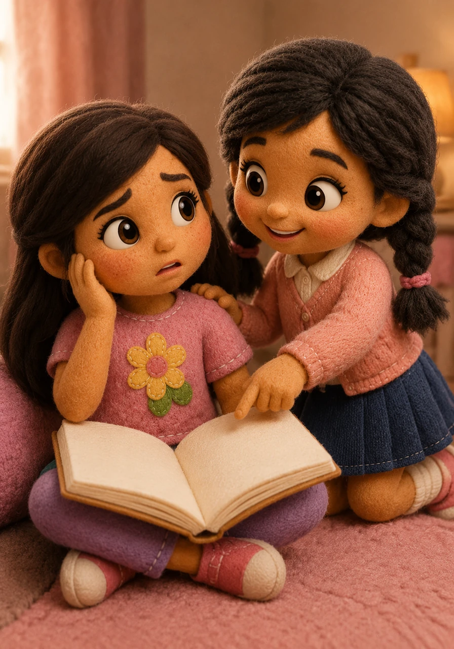 Lilyama starts to read out loud, but she stops when she sees a very long word. She looks at Gabriella for help because the word looks a bit scary. Gabriella points to the letters and tells her to take a deep breath.