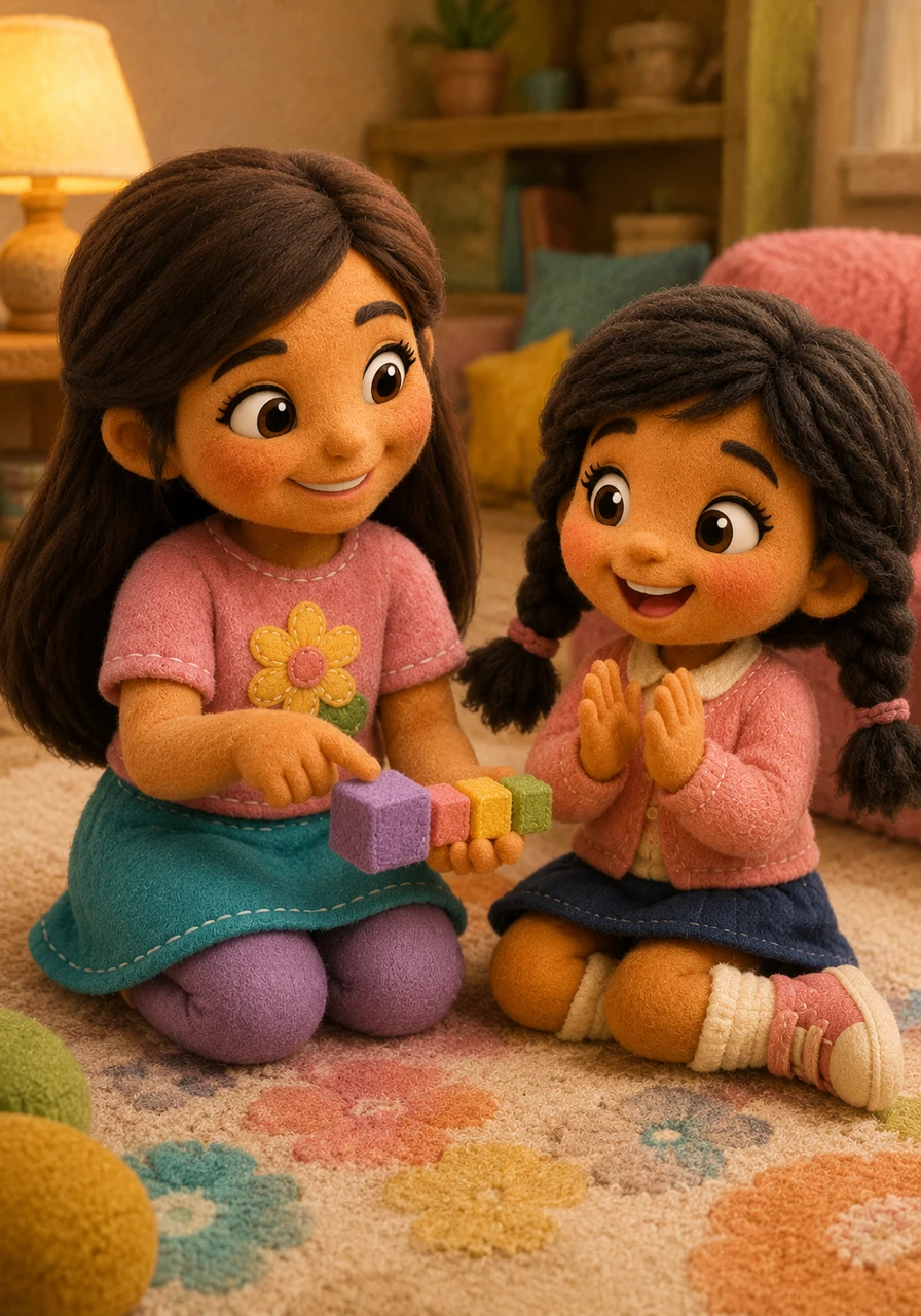 Gabriella shows Lilyama how to break the big word into small, easy parts. They sound out the letters together until Lilyama says the whole word correctly. Lilyama claps her hands because she is so proud of herself.