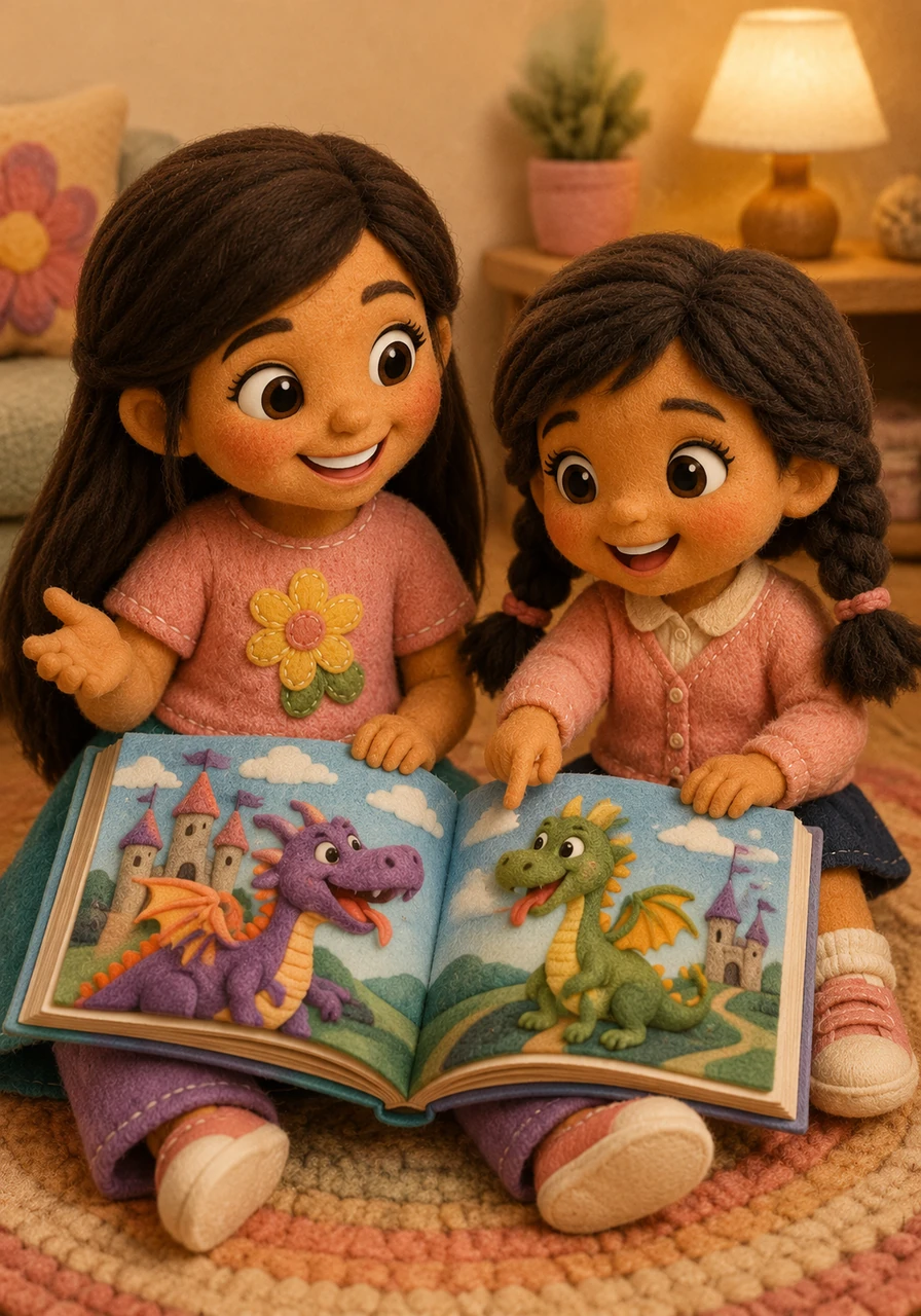 They spend the afternoon looking at the bright pictures of dragons and castles in their books. Gabriella asks Lilyama questions about the story to make sure she understands the fun parts. They laugh together when the dragon in the book makes a silly face.
