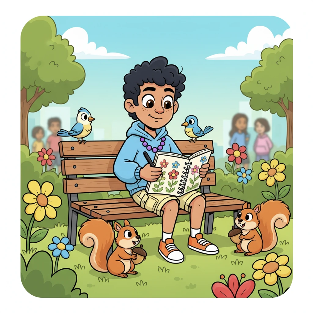 Liam Fabris, a young man with a kind smile, sat on a sunny park bench, deeply engrossed in his sketchbook. He meticulously captured the vibrant energy of the city park, surrounded by cheerful flowers and chattering squirrels. The world around him seemed to hum with artistic inspiration, waiting to be drawn.