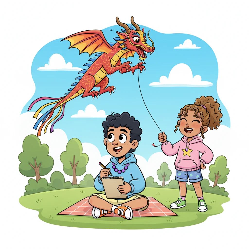 Suddenly, a brightly colored kite, shaped like a magnificent dragon, swooped playfully close to his head, its long tail fluttering. Liam looked up, his pencil momentarily paused mid-stroke, surprised by the sudden, joyful interruption. A burst of lighthearted laughter echoed from nearby, drawing his attention.
