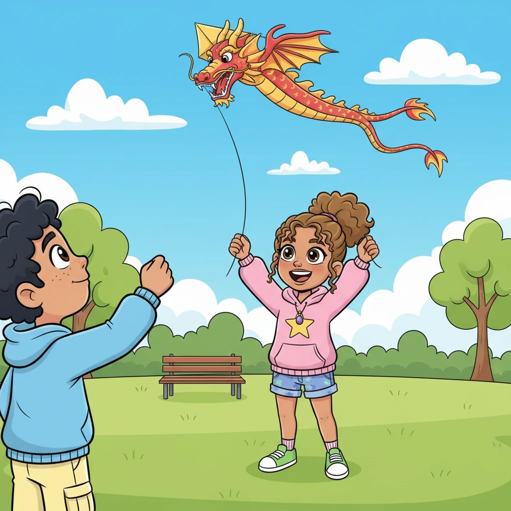 His gaze followed the kite string to Aliayah, who stood on the grass, her face alight with joy as she expertly guided the dragon through the breezy sky. Her stylish attire and graceful movements added an extra spark of vibrancy to the already lively park scene. She looked like a splash of sunshine.