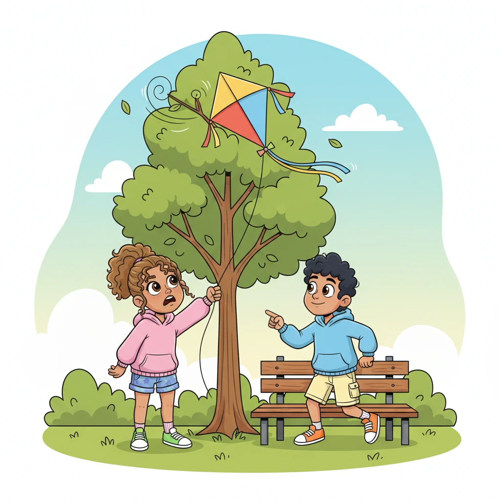 A mischievous gust of wind sent the kite dipping, its string snagging around a tall tree branch. Aliayah let out a playful groan, her shoulders slumping slightly in mock defeat. Liam, witnessing her predicament, felt a gentle nudge of kindness and rose from his bench, a shy but helpful smile forming.