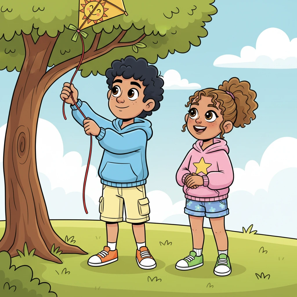 Liam approached the tangled tree, carefully working to free the kite string from the branches. Aliayah watched him with a grateful smile, her eyes sparkling with warmth as he gently handed the liberated string back to her. A small, friendly conversation began, breaking the initial silence with ease.