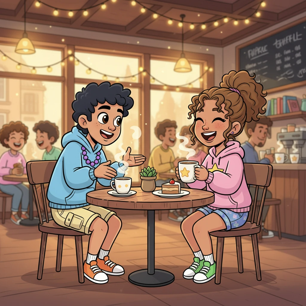 Inside the bustling cafe, bathed in the warm glow of fairy lights and the inviting aroma of freshly brewed coffee, their conversation flowed effortlessly. Their expressions were open and friendly, reflecting a genuine enjoyment of each other's company. This casual meeting felt like the enchanting beginning of something truly special.