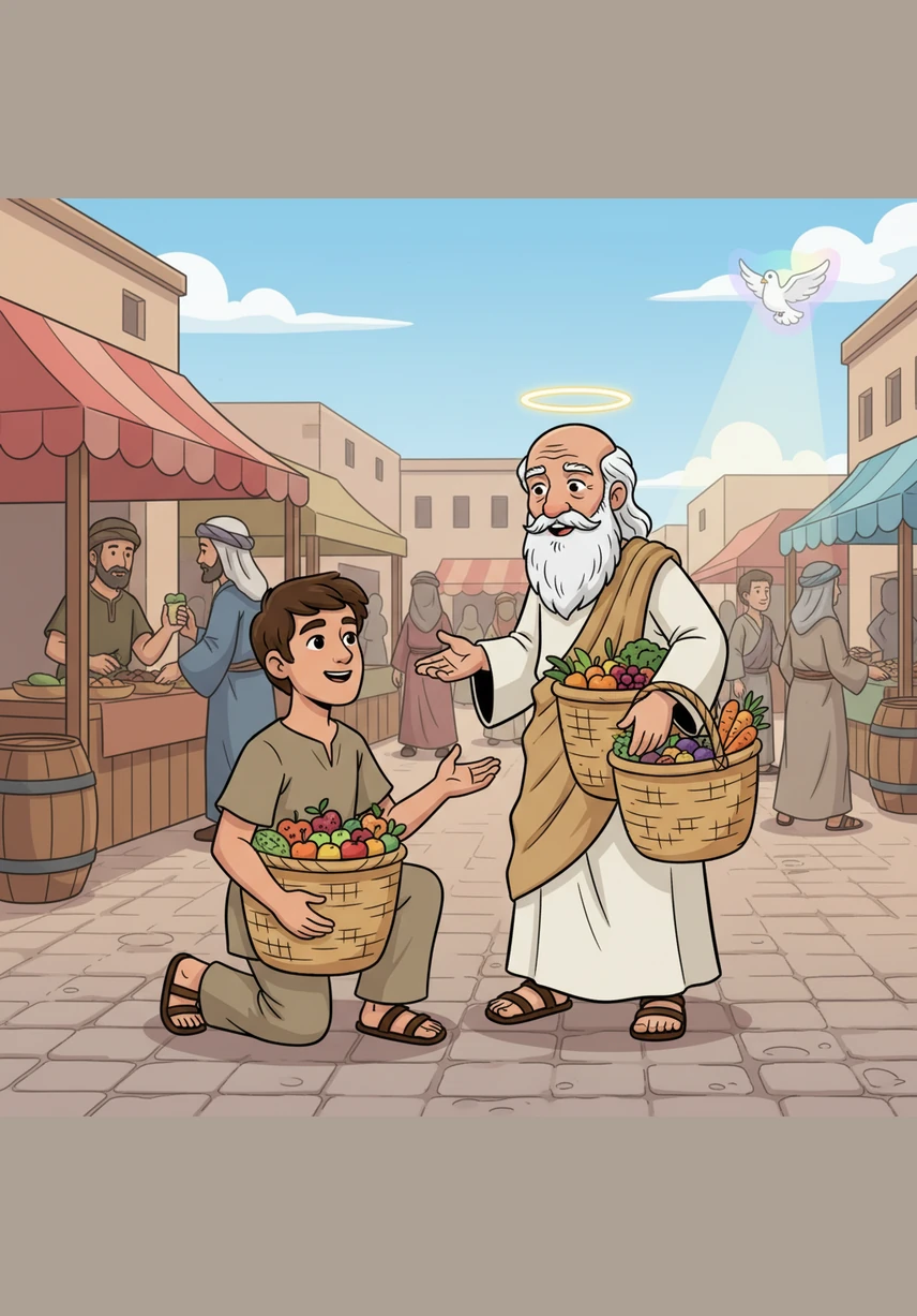 In the bustling marketplace, Caleb stops to help an elderly man carry heavy baskets and speaks to him with great respect. He remembers the teaching to give honour to whom it is due, seeing how a simple act of reverence brings a smile to a weary face.