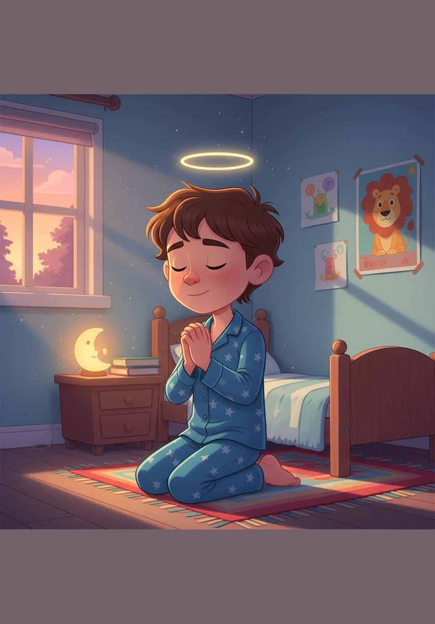 In the quiet of his room, Caleb kneels in prayer, offering his heart’s deepest gratitude to his Heavenly Father. He understands that by honouring God above all else, his own life becomes a reflection of divine light and he receives the promise of being honoured in return.