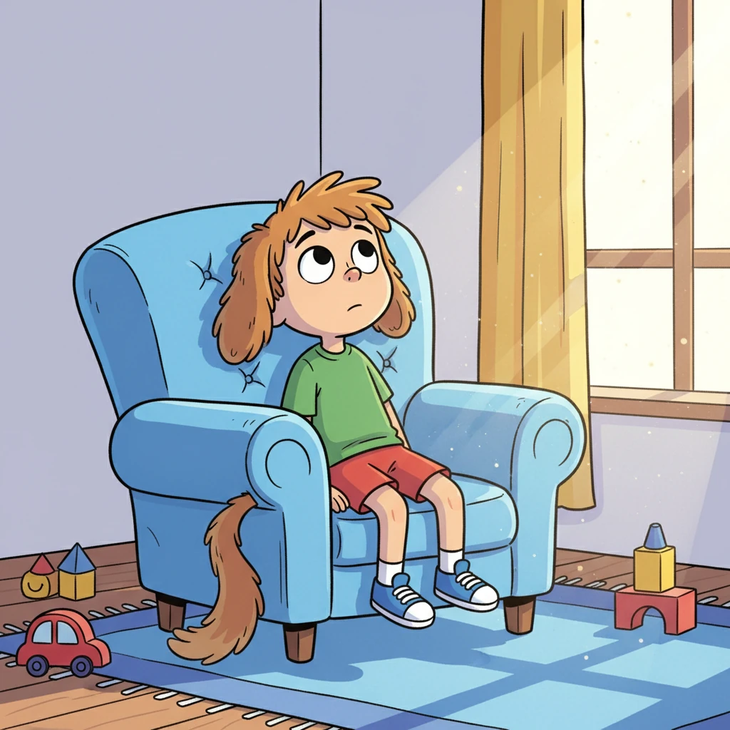 Pipo está sentado en su sofá favorito, un gran sillón azul con cojines mullidos. Se siente un poco aburrido, mirando el techo y pensando en qué hacer. Su cola de perrito se balancea lentamente, casi sin energía, mientras un rayo de sol entra por la ventana.