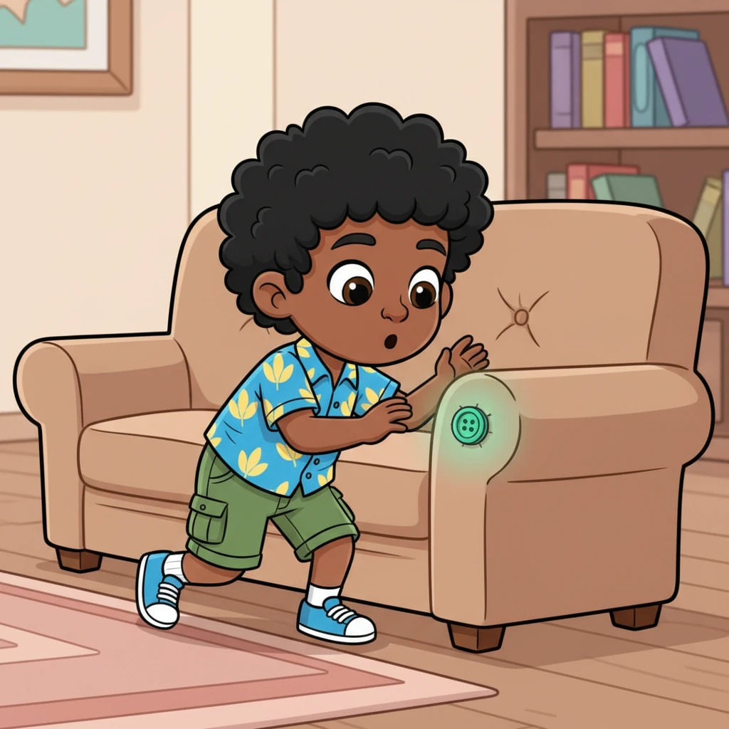 De repente, Pipo ve un pequeño botón brillante en el costado del sofá, algo que nunca había notado antes. Es de un color verde esmeralda y parece invitarlo a tocarlo. Sus ojos grandes y curiosos se abren de par en par, llenos de asombro.