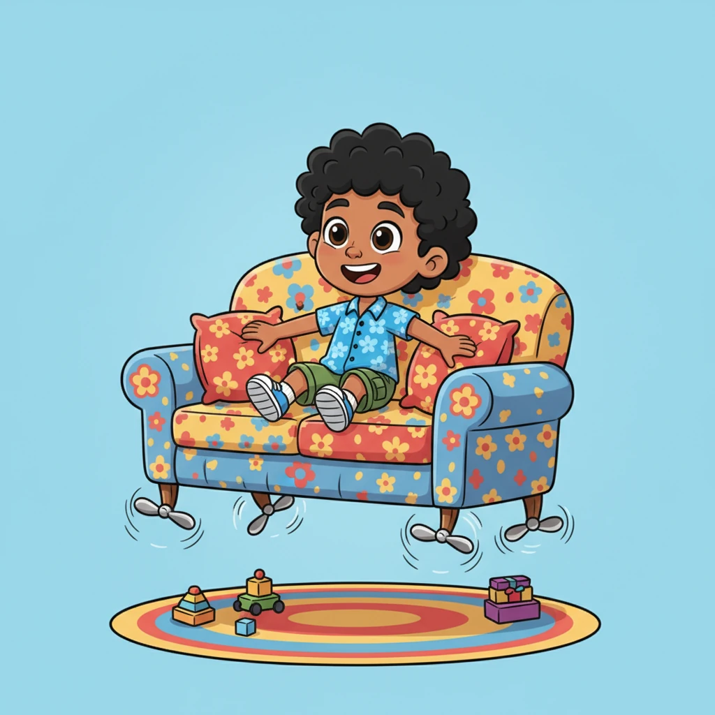 ¡Guau! El sofá no solo vibra, sino que se eleva del suelo como un globo gigante. Pipo se agarra fuerte a los cojines, sorprendido pero con una sonrisa enorme en su rostro. Las patas del sofá se han convertido en pequeñas hélices giratorias que lo impulsan hacia arriba.