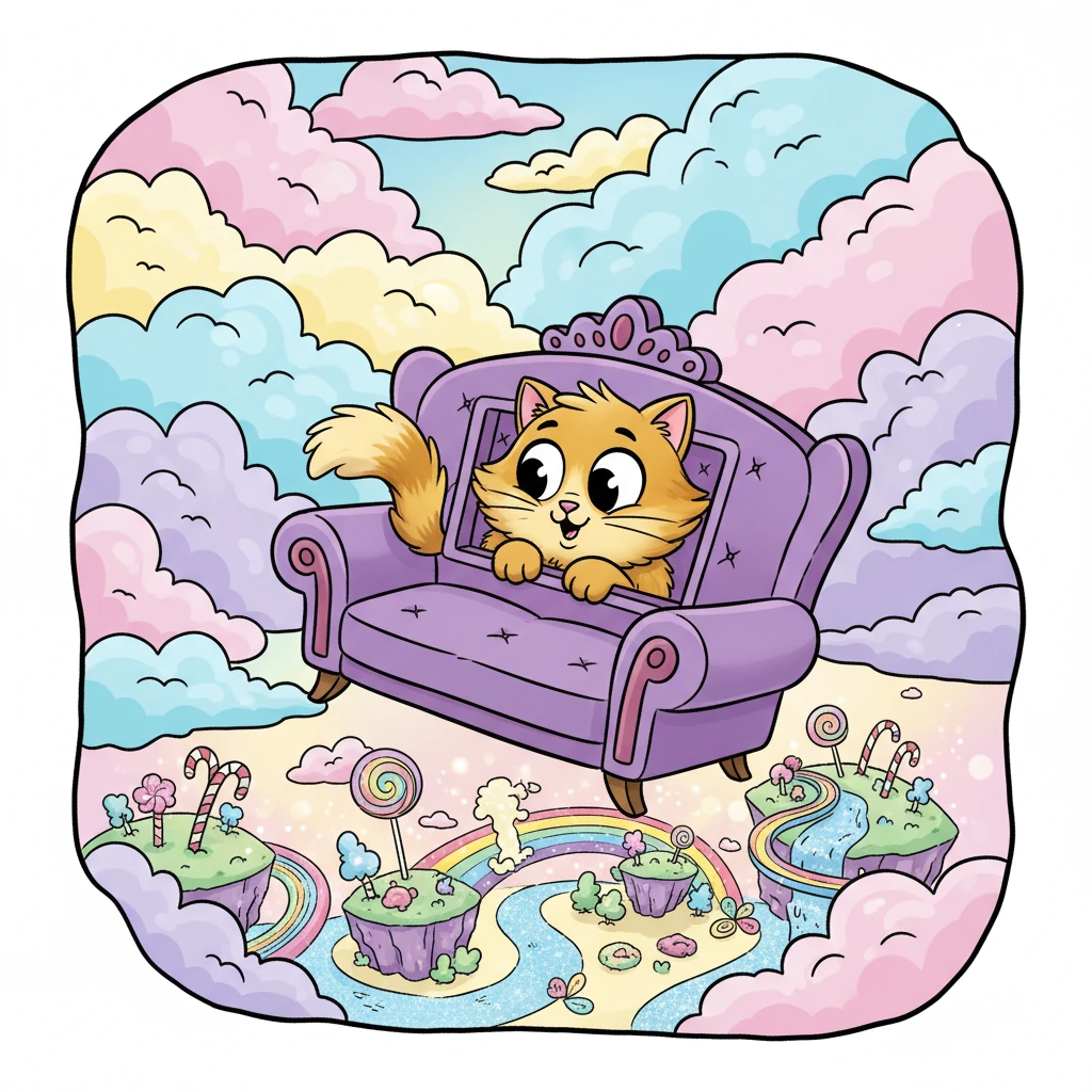 El sofá vuela por encima de las nubes, que parecen montañas de algodón de azúcar de colores pastel. Pipo mira por el 'ventana' imaginaria, viendo un mundo de colores vibrantes y formas juguetonas. Se siente como un verdadero explorador, con el viento suave en su pelaje.