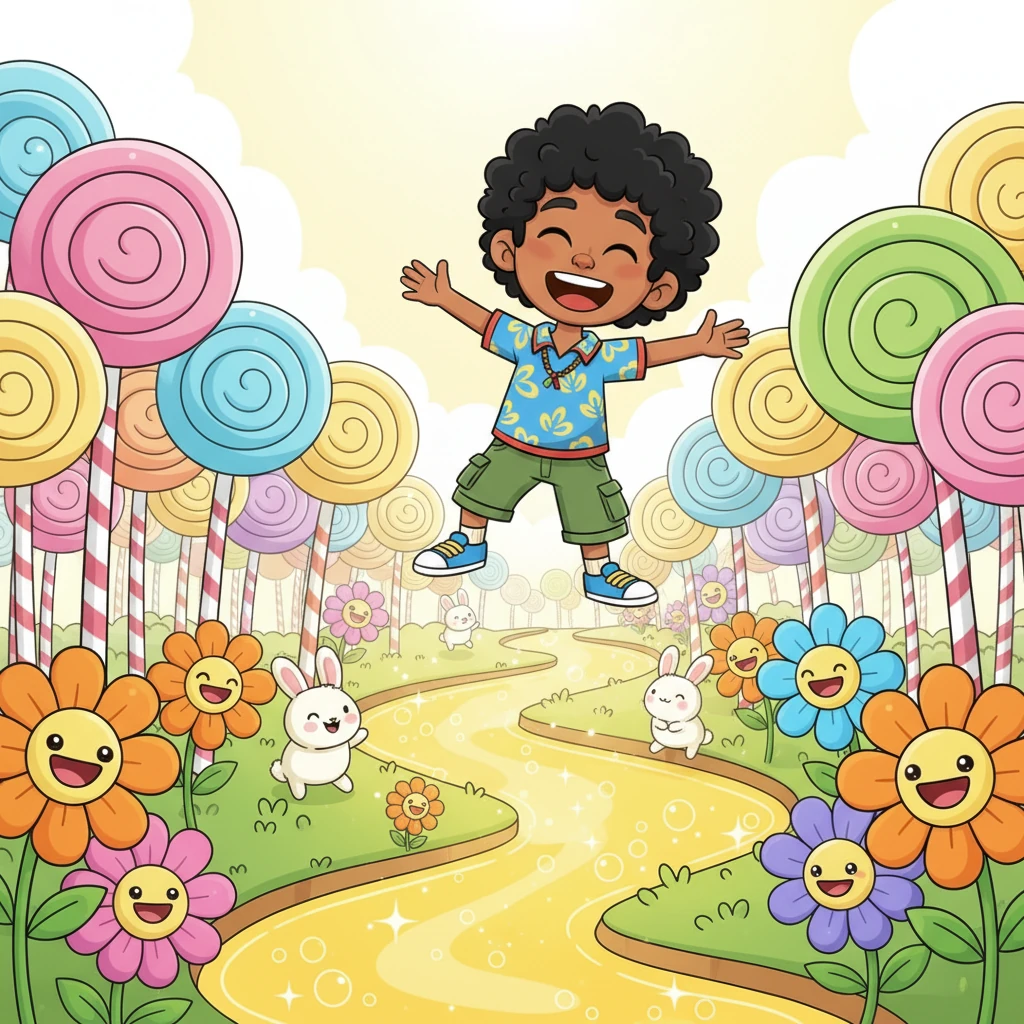 Abajo, hay un bosque de árboles de piruleta gigantes y ríos de limonada burbujeante que brillan bajo el sol. Pequeños conejitos de malvavisco saltan alegremente entre las flores gigantes y sonrientes. Pipo ríe de la alegría al ver este paisaje tan dulce y fantástico.