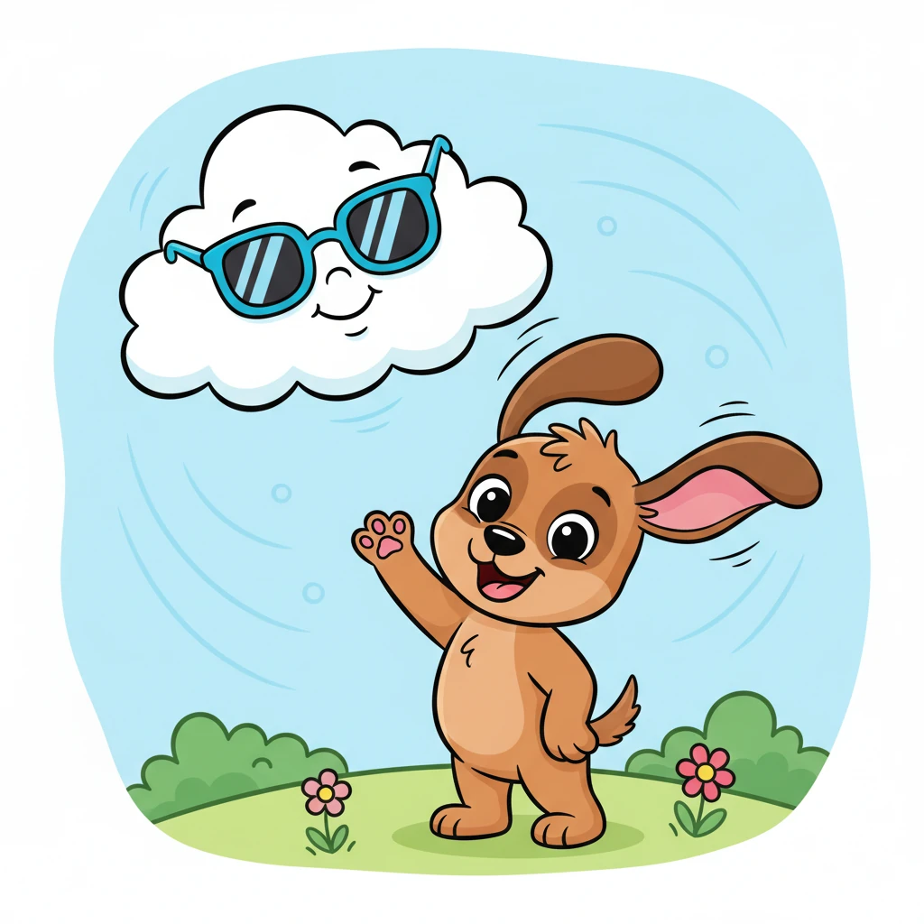 Una nube sonriente con gafas de sol se acerca flotando y le guiña un ojo a Pipo de manera amigable. Pipo le devuelve el saludo con una patita, sintiendo que ha hecho un nuevo amigo en este viaje tan especial. El viento sopla suavemente, moviendo sus orejas.