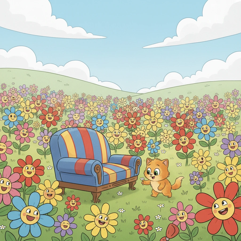 El sofá flotante aterriza suavemente en un campo de flores que cantan con voces suaves y armoniosas. Cada flor tiene una cara feliz y sus pétalos se mueven al ritmo de una suave melodía. Pipo se baja con cuidado, sintiendo la suave hierba bajo sus patitas.