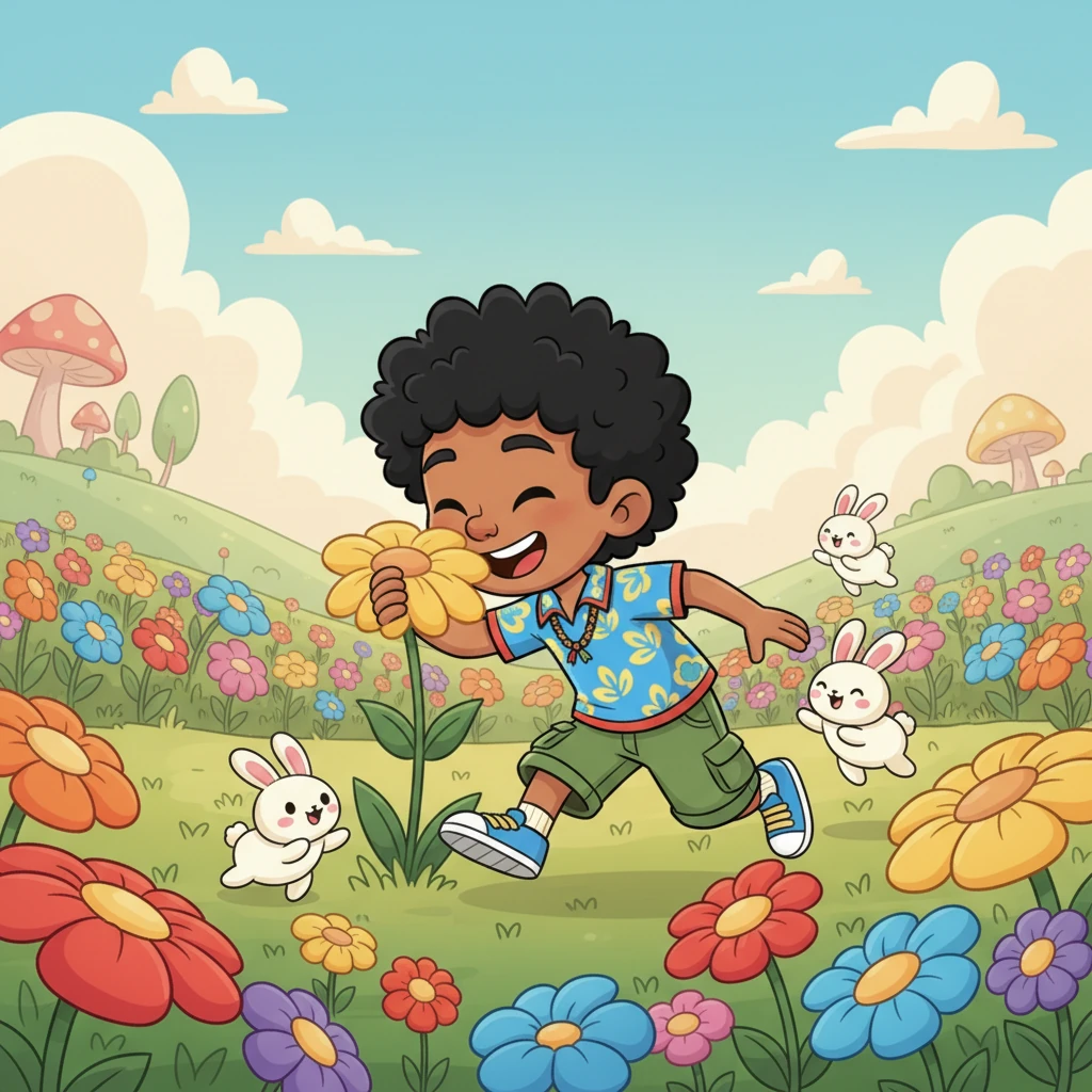 Pipo corretea por el campo, olfateando las flores perfumadas y riendo con los conejitos de malvavisco que se acercan a saludarlo. Es un lugar lleno de maravillas y alegría, donde todo es posible y cada esquina es una nueva sorpresa. Se siente muy feliz y libre.