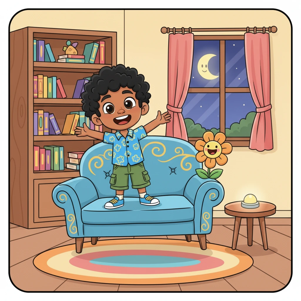 Con un último abrazo a una flor que canta, Pipo sube de nuevo al sofá. El sofá despega y lo lleva de vuelta a casa, aterrizando suavemente en su sala de estar. Pipo se estira, sonriendo, sabiendo que la próxima aventura está a solo un botón de distancia.