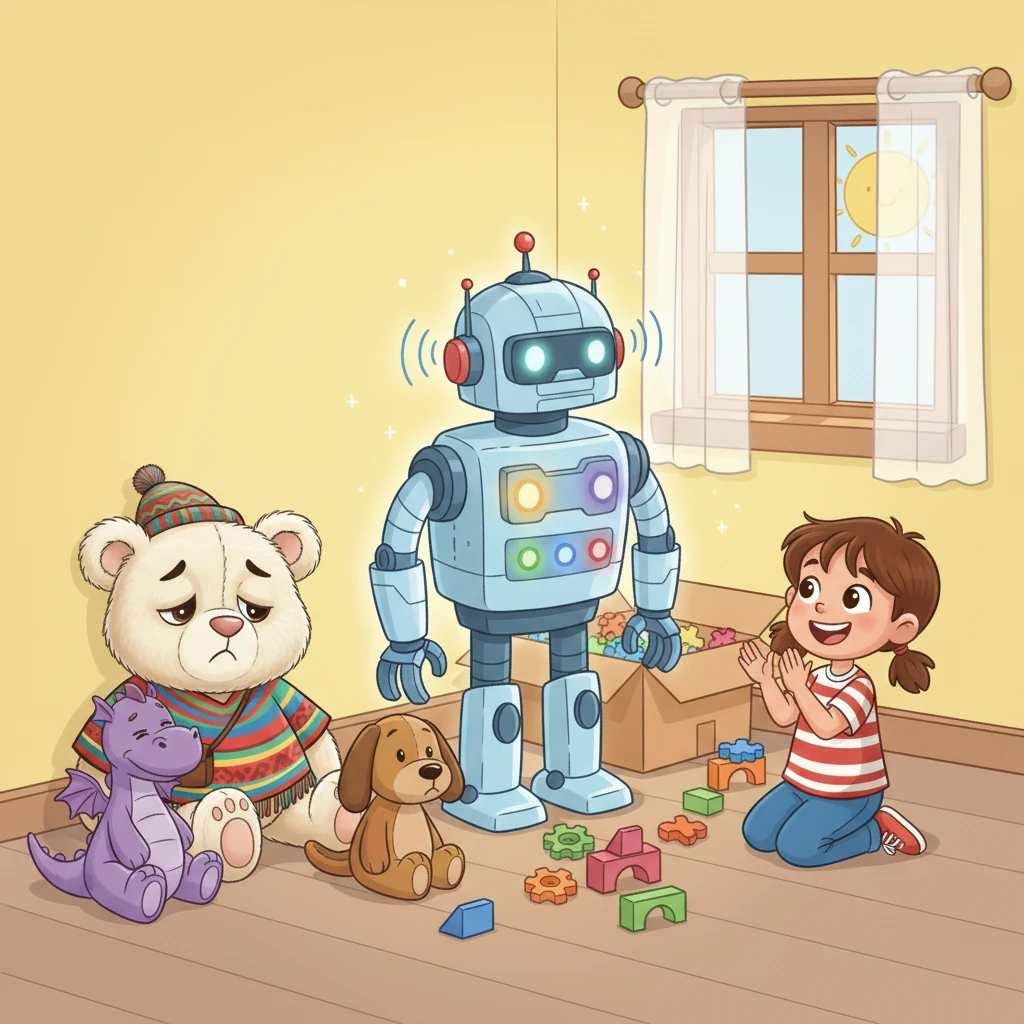 Un día, un paquete grande y ruidoso llegó a casa. Dentro había un Robotín, un robot brillante y parlanchín que hacía luces y sonidos. Sofía se emocionó tanto que solo jugaba con Robotín, y Pelusín y sus amigos se sintieron un poquito olvidados en un rincón.