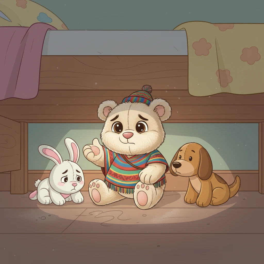 Pelusín se reunió con sus amigos, la conejita Algodón y el perrito Saltarín, debajo de la cama. Sus caritas de peluche estaban tristes. Se susurraban con preocupación sobre cómo Sofía parecía haberlos olvidado por completo. Decidieron que debían hacer algo para recordarle a Sofía cuánto la querían.