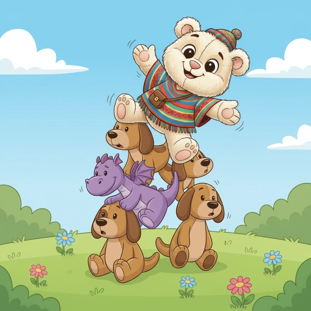 El grupo de amigos ideó un plan un poco alocado. Intentaron apilarse unos sobre otros para formar una torre gigante y llamativa. Pero la torre se tambaleó y cayeron todos con un suave "¡Puf!". Su intento de llamar la atención de Sofía terminó en un divertido y mullido desastre.