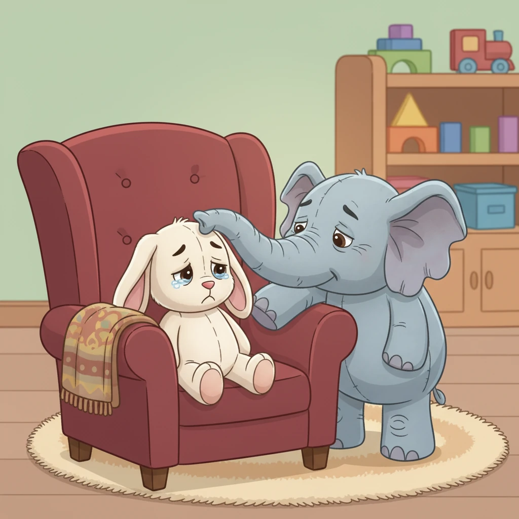 Pelusín se sentía desanimado, con sus orejas caídas. De repente, una voz dulce y sabia sonó: era Elefante Sabio, un viejo peluche de la abuela. "Pelusín", dijo Elefante Sabio, "el verdadero cariño no se gana con trucos, sino siendo tú mismo y mostrando tu gran corazón".