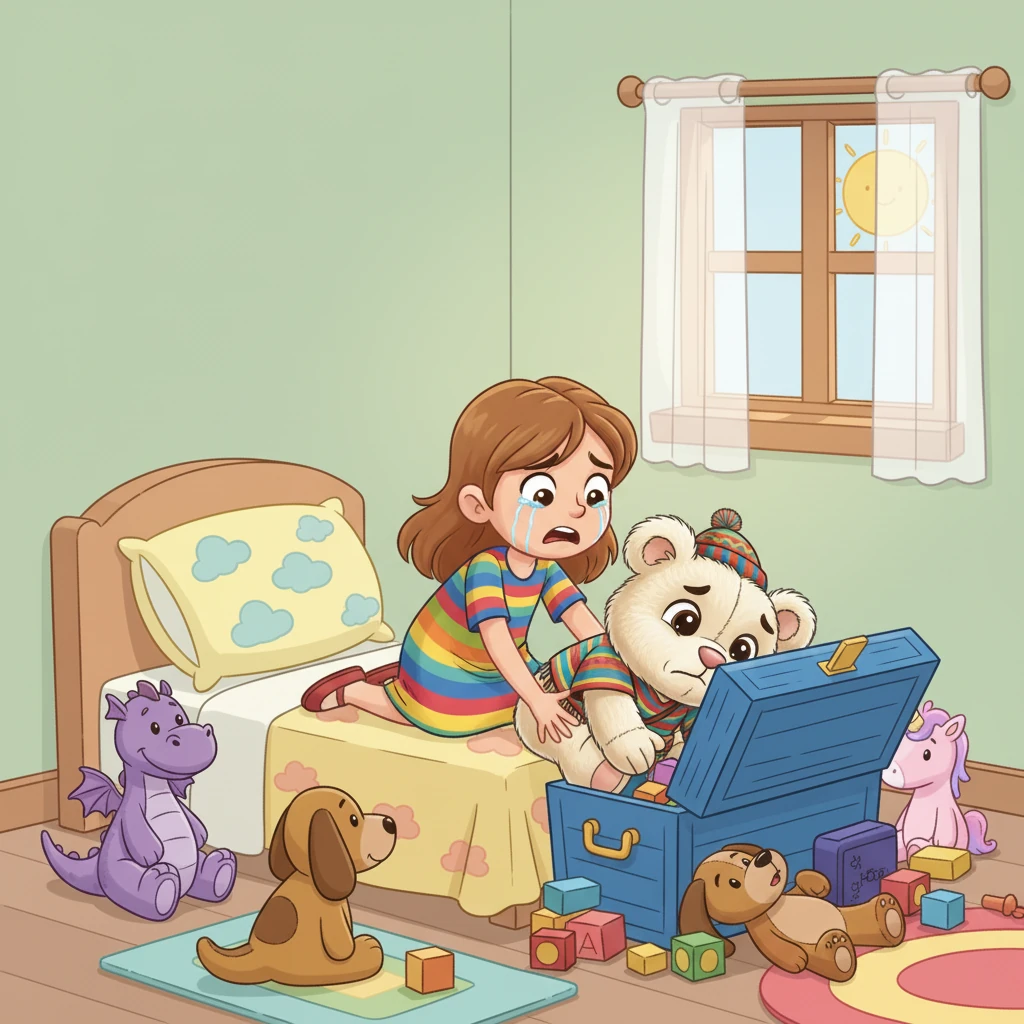 Más tarde, Sofía estaba buscando algo desesperadamente. "¿Dónde está mi dibujo favorito?", exclamó con lágrimas en los ojos. Era un dibujo de ella y Pelusín, y no lo encontraba por ninguna parte. La niña revisaba sus juguetes, pero el dibujo no aparecía.