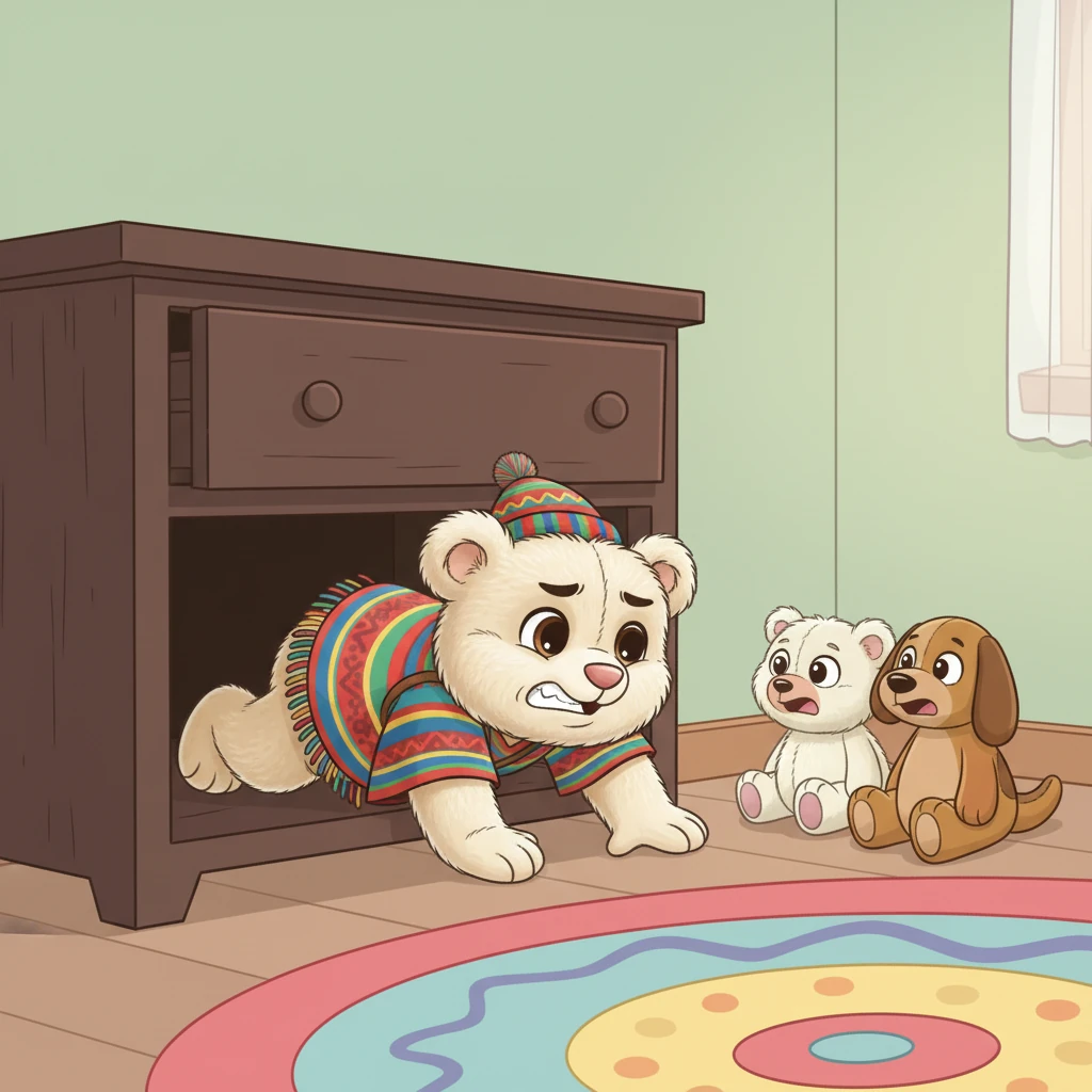 Recordando las palabras de Elefante Sabio, Pelusín sintió una chispa de valentía. Se deslizó con cuidado bajo la cómoda, un lugar oscuro y un poco aterrador para un peluche. Sus amigos Algodón y Saltarín lo animaban desde la seguridad de la alfombra, con los ojos bien abiertos de emoción.