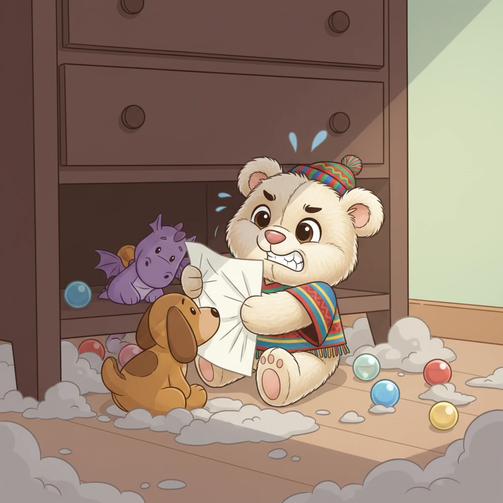 Con un gran esfuerzo, Pelusín logró encontrar el dibujo arrugado entre el polvo y algunas canicas perdidas. Lo sujetó con sus bracitos de peluche y, con ayuda de sus amigos, lo empujaron hasta que estuvo a la vista de Sofía.