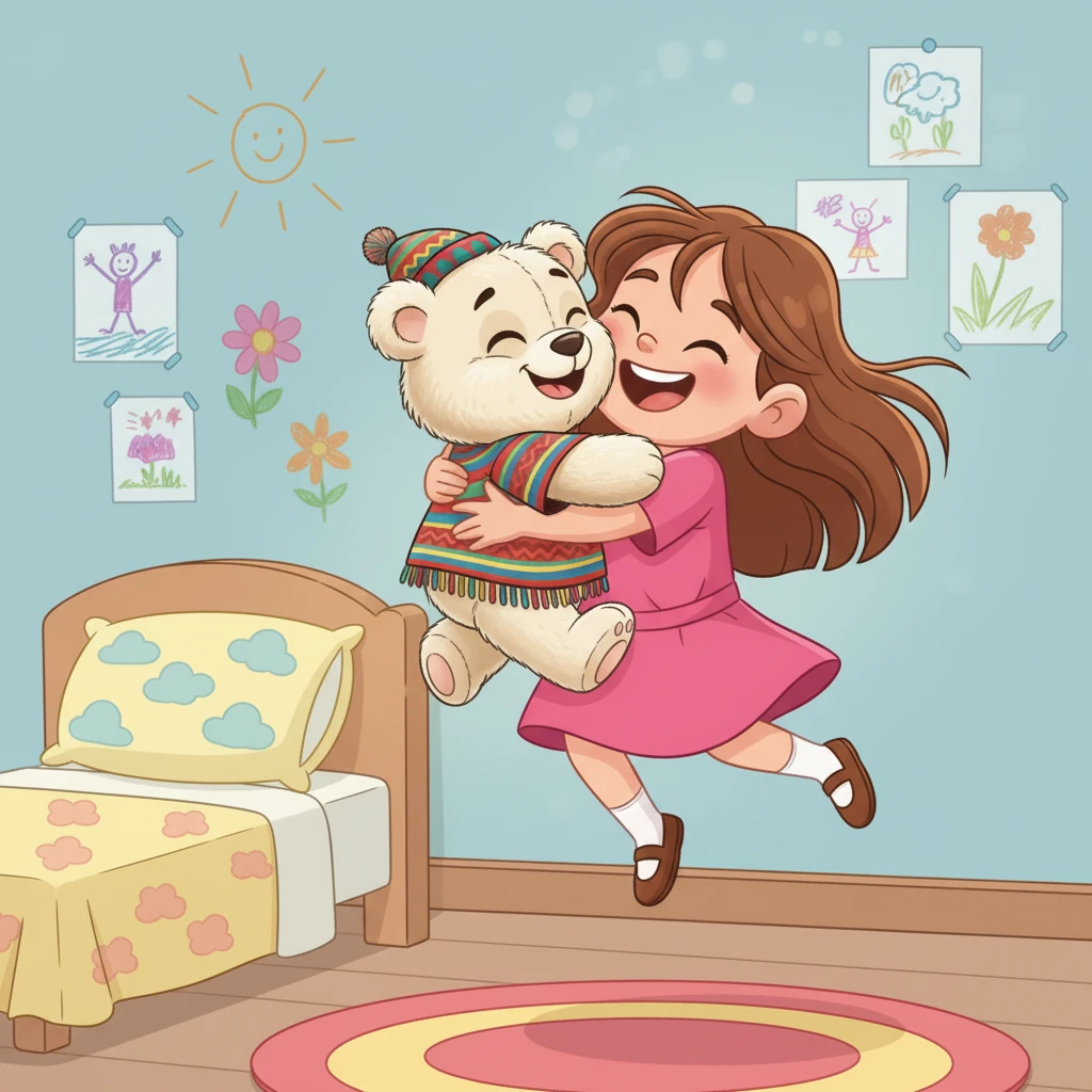 Sofía vio su dibujo y dio un grito de alegría. Levantó a Pelusín y lo abrazó con todas sus fuerzas, apretándolo contra su mejilla. "¡Gracias, Pelusín! ¡Eres el mejor!", exclamó, dándole un beso en la naricita. El osito sintió el calor del amor de Sofía de nuevo.