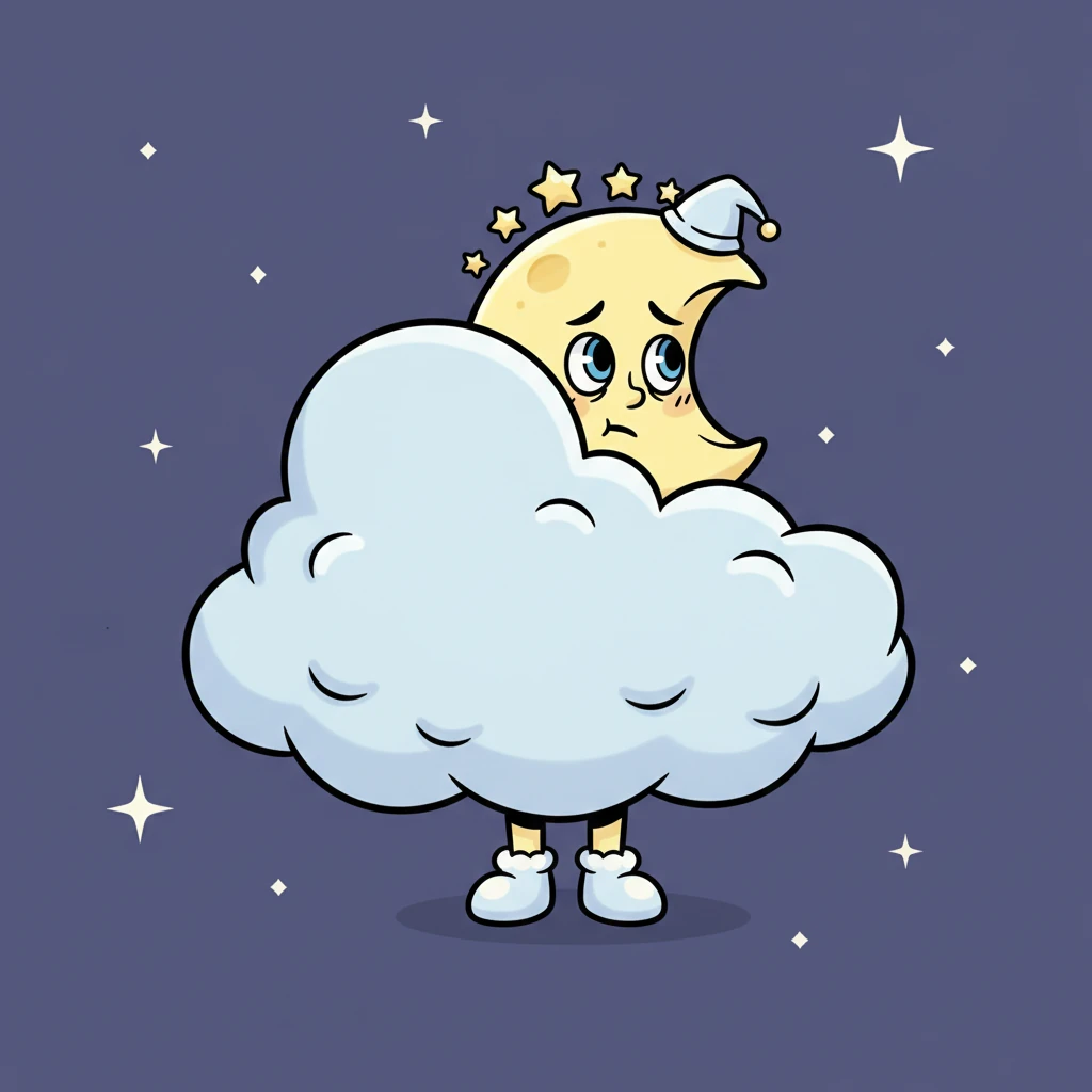Little Luna, the Moon, was a very shy creature. Tonight, instead of her usual bright glow, she hid her face completely behind a big, fluffy cloud, peeking out with just one nervous eye. The night sky felt a little dimmer without her full, gentle light.