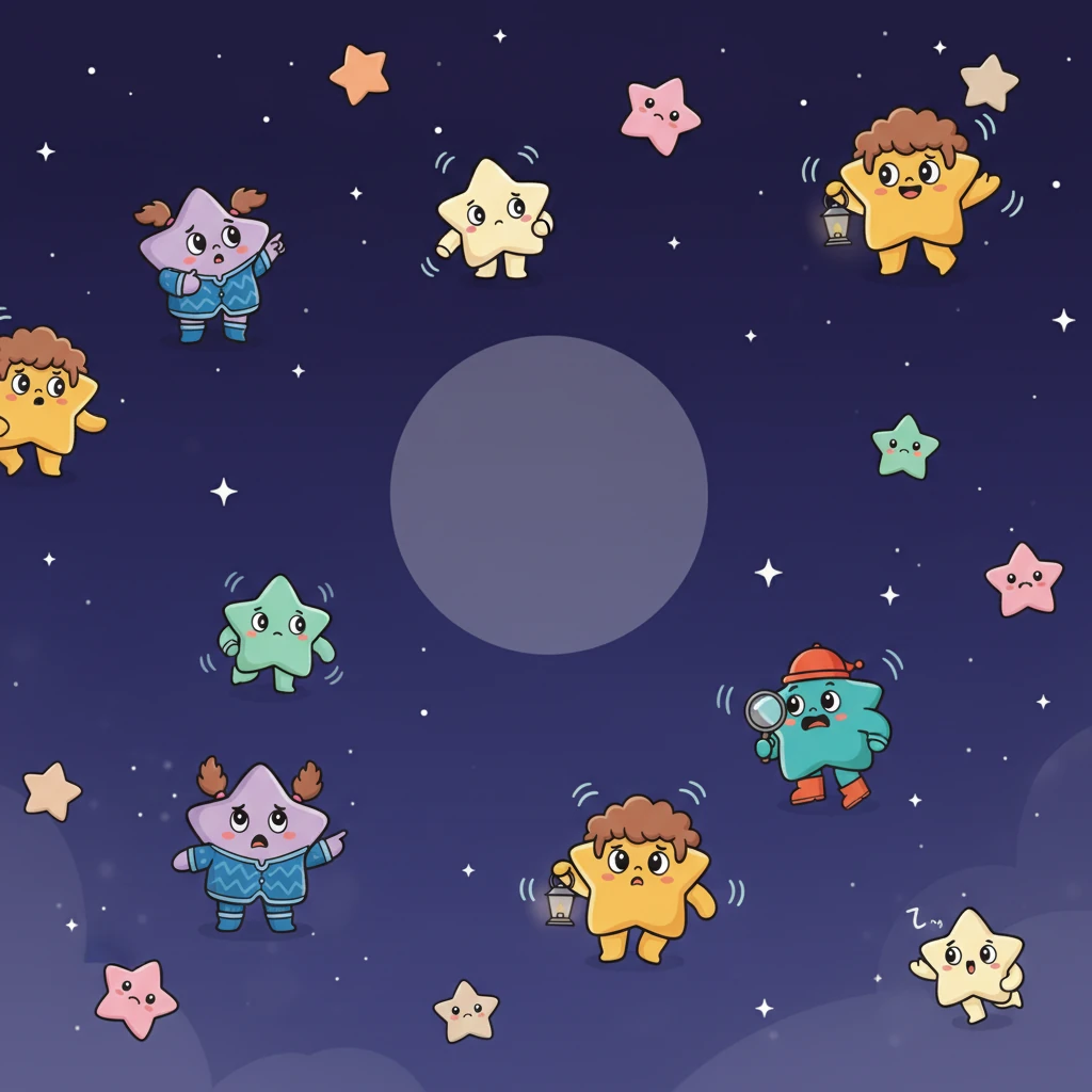 All across the vast, inky sky, the stars began to wake up and twinkle. They danced and spun, but soon noticed a quiet, empty space where their dear friend Luna should have been. Worried murmurs rippled through the starlight as they realized Luna was missing.