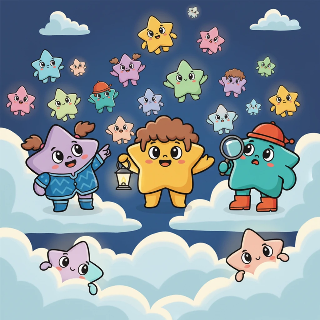 Soon, many more stars, big and small, joined Twinkle's search. They formed a shimmering parade, their lights bobbing up and down as they peeked behind every cloud. Each star had a hopeful, yet slightly puzzled, expression on their simplified faces.