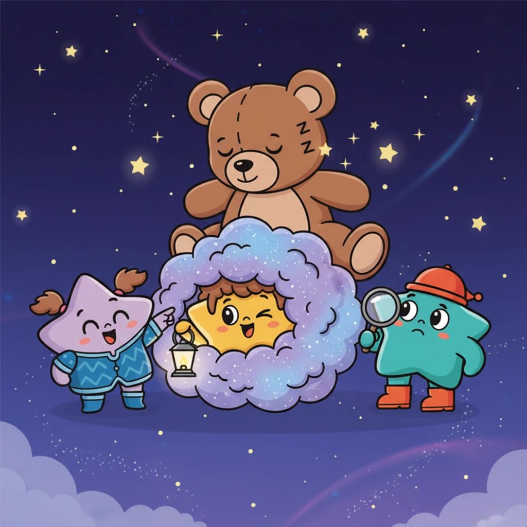 The playful stars searched in the most whimsical corners of the sky. They checked inside a swirling cosmic dust bunny and gently nudged a sleepy constellation shaped like a bear. Their search was full of lighthearted giggles and soft glows.