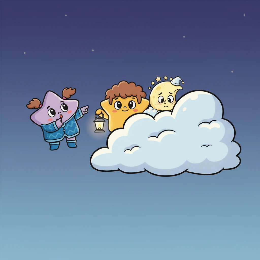 The searching stars carefully drifted towards the cloud, their lights dimming slightly in anticipation. There, just peeking from its soft edge, was Luna. Only a sliver of her glowing face and one big, shy eye could be seen.